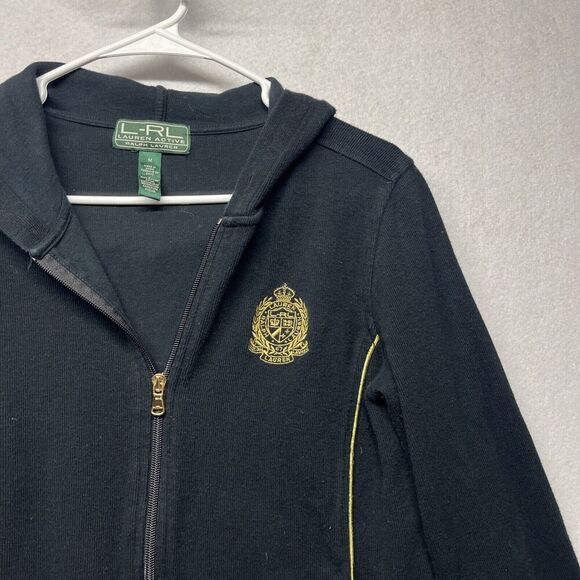 Lauren Ralph Lauren Womens Hoodie Medium Black Ribbed Zip Up Jacket Gold Crest - Picture 3 of 4